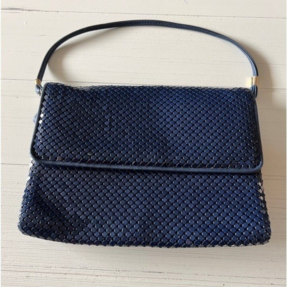 Whiting and Davis Vintage Navy Metal Mesh Clutch Handbag Gold Accent Evening Bag